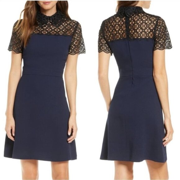 1901 Peter Pan Collar Short Sleeve Back Zip Fit-Flare Lace Mini Dress Size XS - Picture 1 of 13